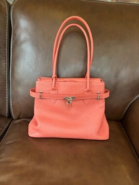 Italian Leather Orange Birkin Style Tote Structured Satchel Gold Hardware